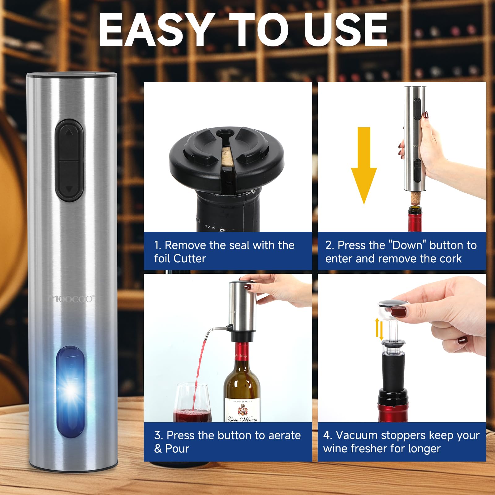 Moocoo Electric Wine Opener Gift Set, Automatic Electric Wine Bottle Corkscrew Opener Rechargeable with Foil Cutter, Automatic Aerator, 2 Vacuum Stoppers for Home Bar Outdoor Parties, Stainless Steel