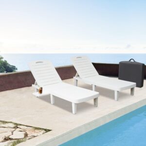 Vilobos Patio Chaise Lounge Set of 2,Outdoor Chaise Lounge with Tray,4 Positions Backrest,Easy Assembly Waterproof Plastic,Lightweight for Poolside,Beach,Patio,Yard