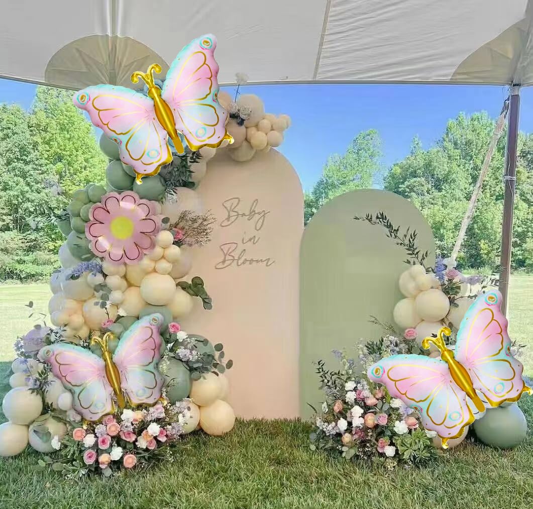 2Pcs Big Butterfly Balloons Pastel Pink Butterfly Foil Mylar Balloon,Colorful Butterfly Themed Baby Shower Girl Birthday Party,Wedding Summer Party Decorations Supplies(Light Pink Gradient Gold)