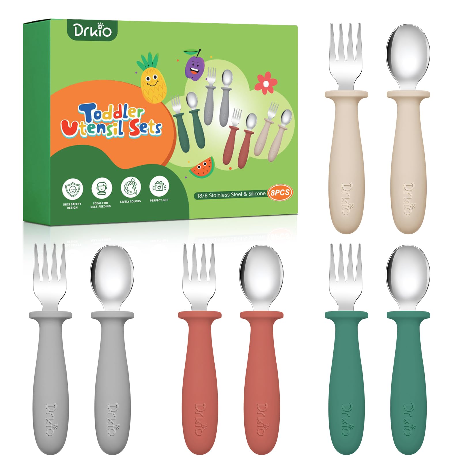 DRKIO 8 Pieces Toddler Utensils Set - Kids Silverware Set with Silicone Handle Children Safe 18/8 Stainless Steel Forks and Spoons Anti-Choke Design Food Grade Dishwasher Safe