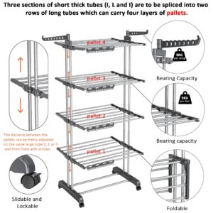 5 Tier Clothes Drying Rack Oversized, Foldable& Adjustable Height Rolling Clothes Rack Stainless Steel with 4 Castor, 32 Drying Poles,14 Hook& 4 Sock Clippers, Drying Rack Clothing for Indoor& Outdoor