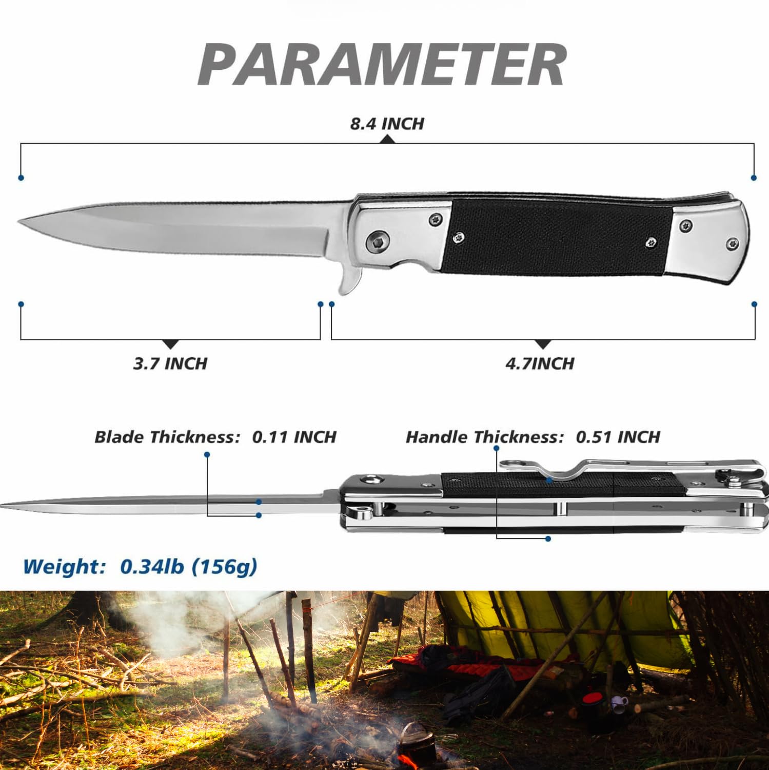 geegift Folding Pocket Knife,EDC Knife, G10 Handle, 7Cr17 Stainless Steel Knife with Safety Liner-Lock, Camping Hunting Outdoor Knife With Pocket Clip for Men Women (silver)