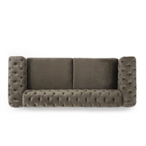 Olodumare Modern Velvet Chesterfield 3-Seater Sofa for Living Room, Luxury Contemporary Aristocratic Victorian Loveseat Couch with Gold Accents for Small Space, Elegant Button Tufted Furniture, Grey