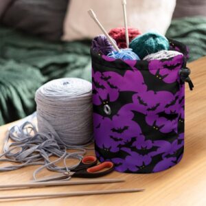 Sellikakes Halloween Purple Bat Small Yarn Storage Bag, Mini Knitting Bag Yarns Drum Case for Carry Yarn Ball, Crochet Kits, Knitting Supplies and Sewing Accessories,