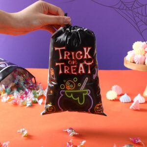 Blosssound 72 Pcs Halloween Drawstring Treat Bags Black Neon Candy Bags Trick or Treat Goody Bags Halloween Shining Plastic Goodie Gift Bags for Halloween Party Favors