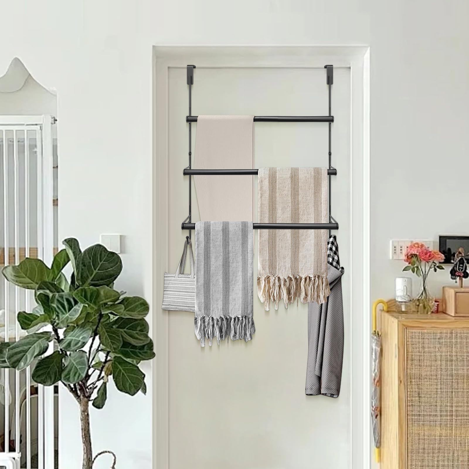 Livabber 3-Tier Over The Door Towel Rack, All Metal Towel Rack with Hooks for Door Hanging, Behind Door Towel Bar Towel Storage Holder for Bathroom Accessories, 19.37" L x 5.9" Wx 24.4" H(Black)