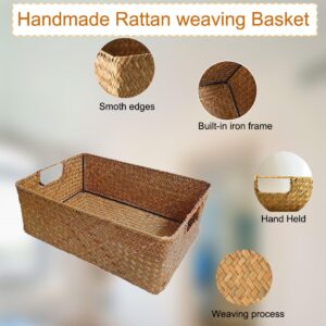 1 Pcs Handwoven Wicker Shelf Baskets, Natural Bamboo Rectangular Organizing Baskets for Shelf/Table, Built-in Iron Rack Wicker Storage Basket for Snack Cat Strip Small Things