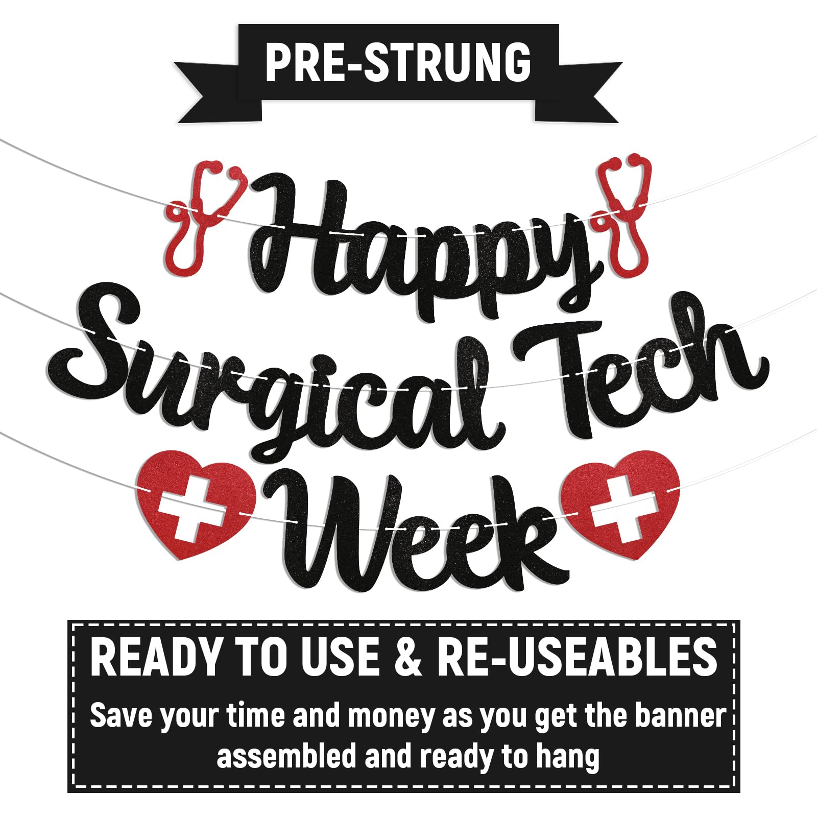 Happy Surgical Tech Week Banner - Surgical Technologist Appreciation Week Decor, Hospital Office Clinics, Thank You Nurse Doctor Party Decor 1 Black & Red Glitter