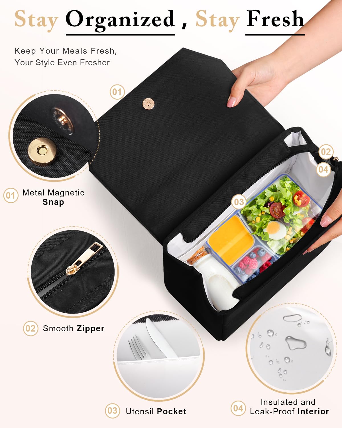 Luxury Lunch Bag Women - Adult Fashion Stylish Vegan Leather Insulated Leakproof Lunch Box for Work - 2024 Newest Christmas Gifts for Women