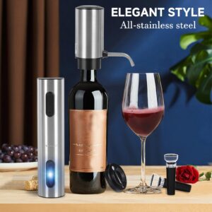 Moocoo Electric Wine Opener Gift Set, Automatic Electric Wine Bottle Corkscrew Opener Rechargeable with Foil Cutter, Automatic Aerator, 2 Vacuum Stoppers for Home Bar Outdoor Parties, Stainless Steel