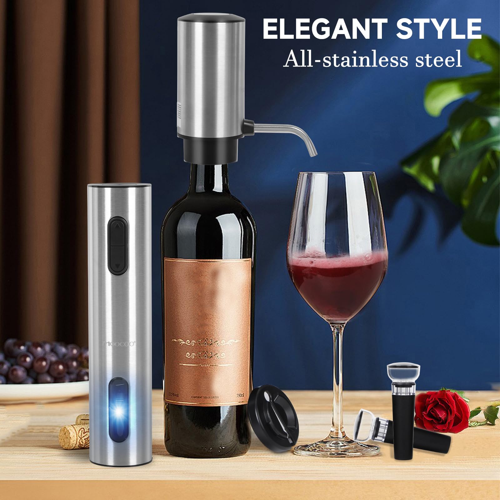 Moocoo Electric Wine Opener Gift Set, Automatic Electric Wine Bottle Corkscrew Opener Rechargeable with Foil Cutter, Automatic Aerator, 2 Vacuum Stoppers for Home Bar Outdoor Parties, Stainless Steel