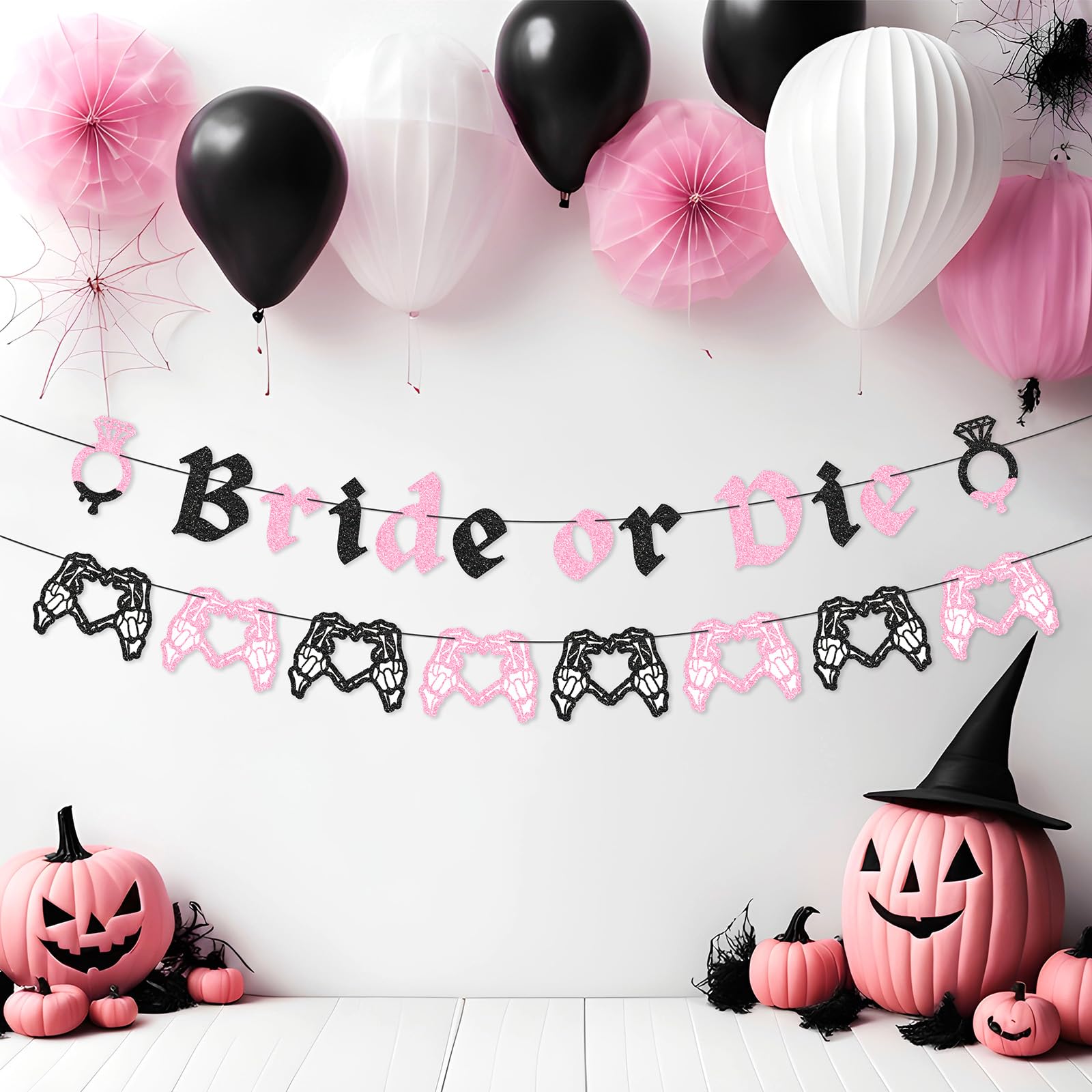 Bride or Die Bachelorette Banner, Gothic Engagement Banner with Skeleton Heart Garland for Halloween Bride to be Bridal Shower Decoration