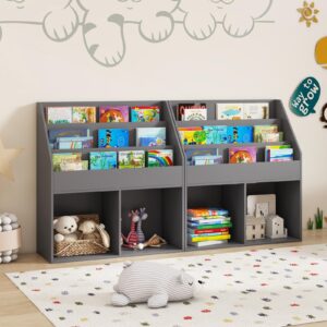 Costzon Kids Bookshelf, Wooden Toy Storage Cabinet Organizer with Shelves & 2 Large Cubes, 2-in-1 Children Bookcase Display Sling Book Rack for Kids Room, Bedroom, Nursery, Kindergarten (Gray)