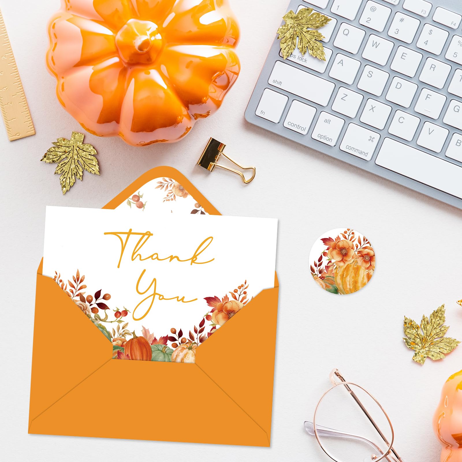 Whaline 24 Pack Fall Thank You Cards Bulk Watercolor Orange Green Pumpkin Greeting Cards with Envelopes Stickers Blank Note Cards for Autumn Party Supplies, 4 x 6 Inch