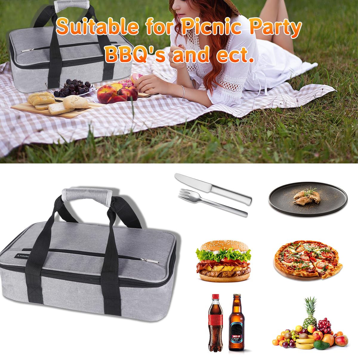 JLYOUNG Insulated Casserole Carrier, Food Carrier Bag for Hot or Cold Lasagna Holder Tote Casserole Carrier Bag for Potluck Parties, Picnic, Beach Fits 9 x 13 Baking Dish-Grey