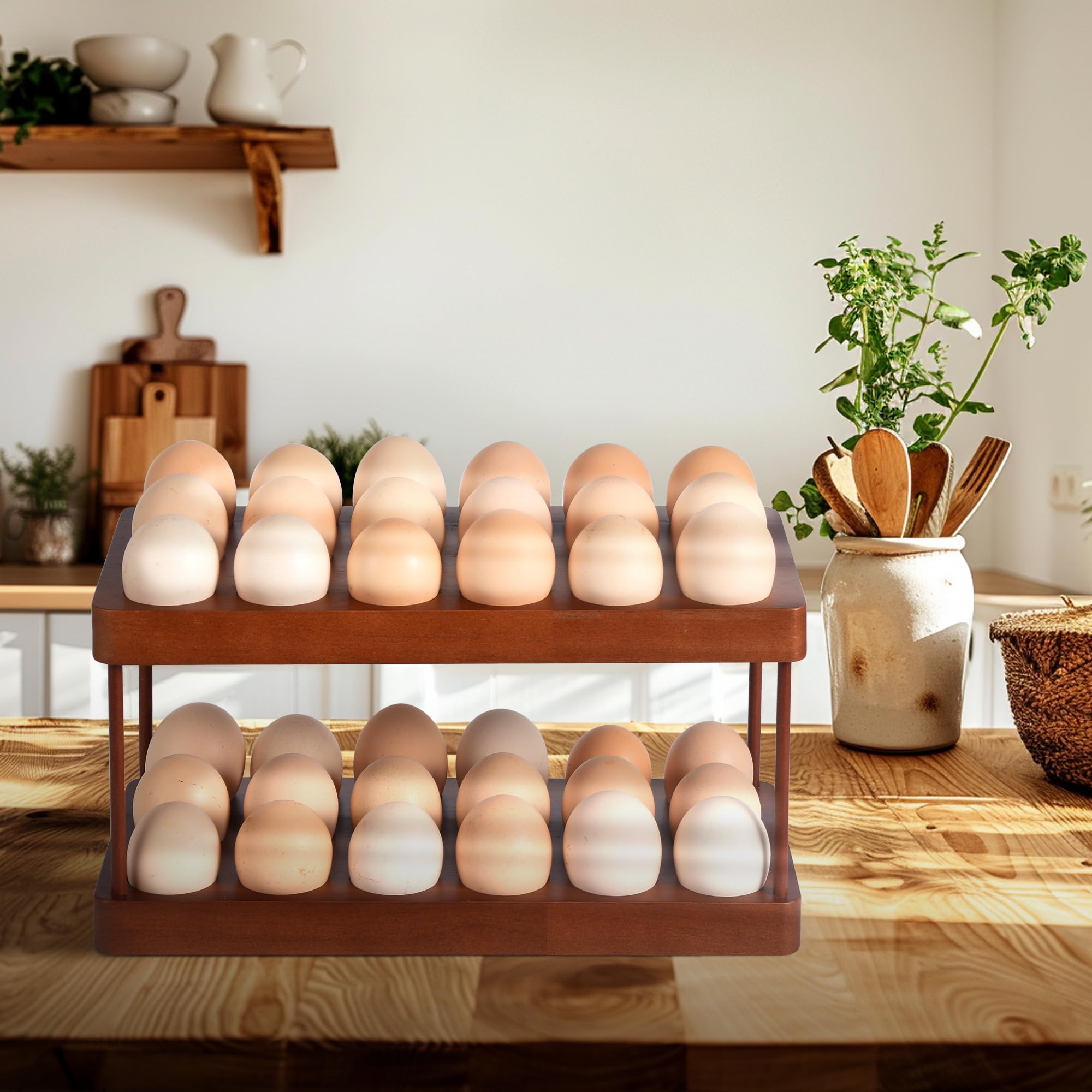 Wooden chicken egg holder for 24 Fresh Eggs, 2-Tier fresh egg holder countertop，egg basket countertop，egg holder for counter，，counter top egg holder for fresh eggs.