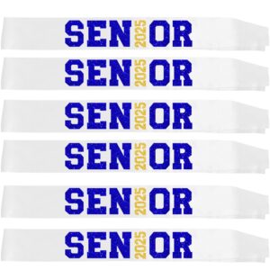 6Pcs White Senior 2025 Satin Sashes with Blue Gold Glitter Letters- 2025 Graduation Celebrations Sashes - Senior Cheer Sash - Cheerleader Sash - Class Competition Sashes