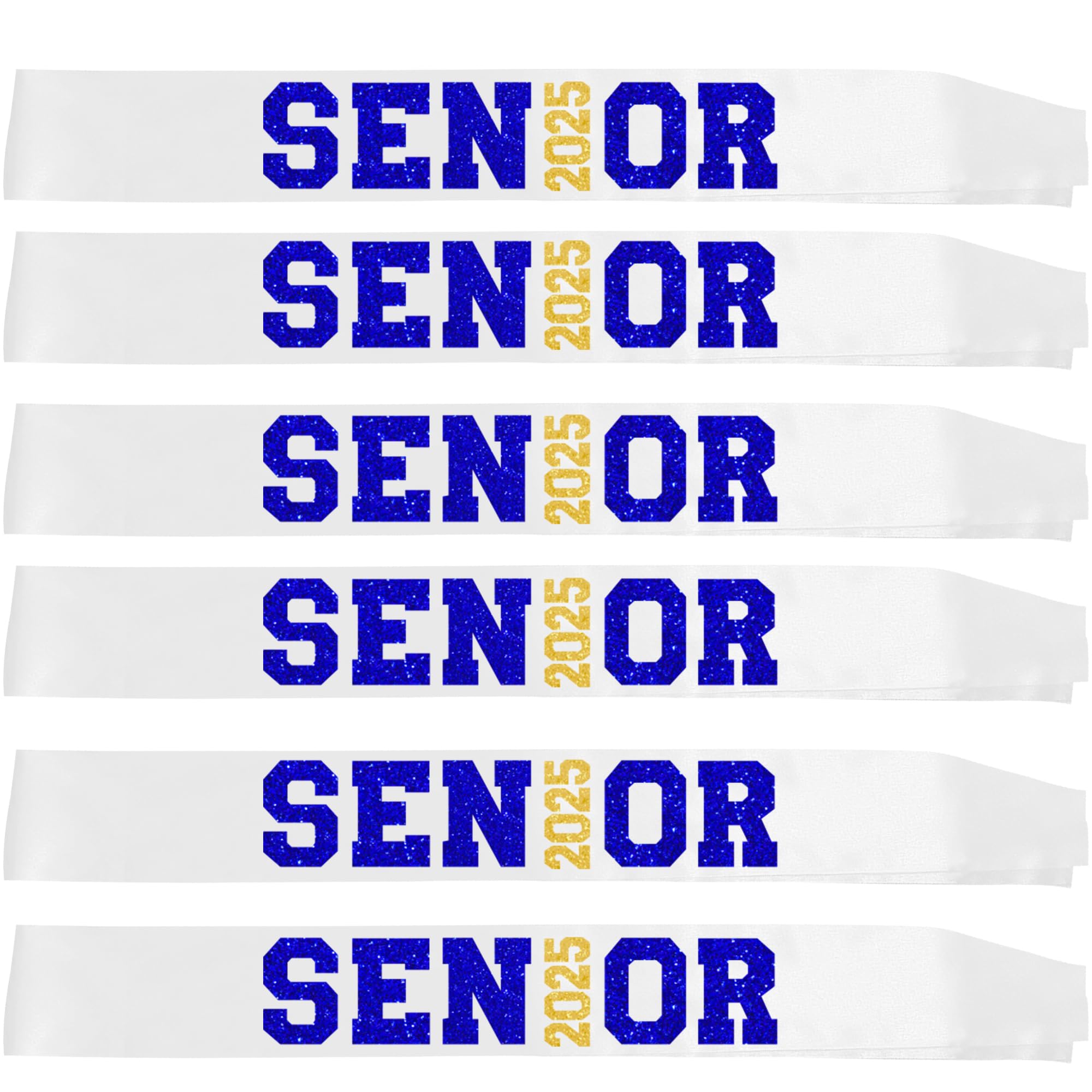 6Pcs White Senior 2025 Satin Sashes with Blue Gold Glitter Letters- 2025 Graduation Celebrations Sashes - Senior Cheer Sash - Cheerleader Sash - Class Competition Sashes