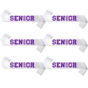 6pcs white senior 2025 satin sashes with purple glitter letters- 2025 graduation celebrations sashes - senior cheer sash - cheerleader sash - class competition sashes