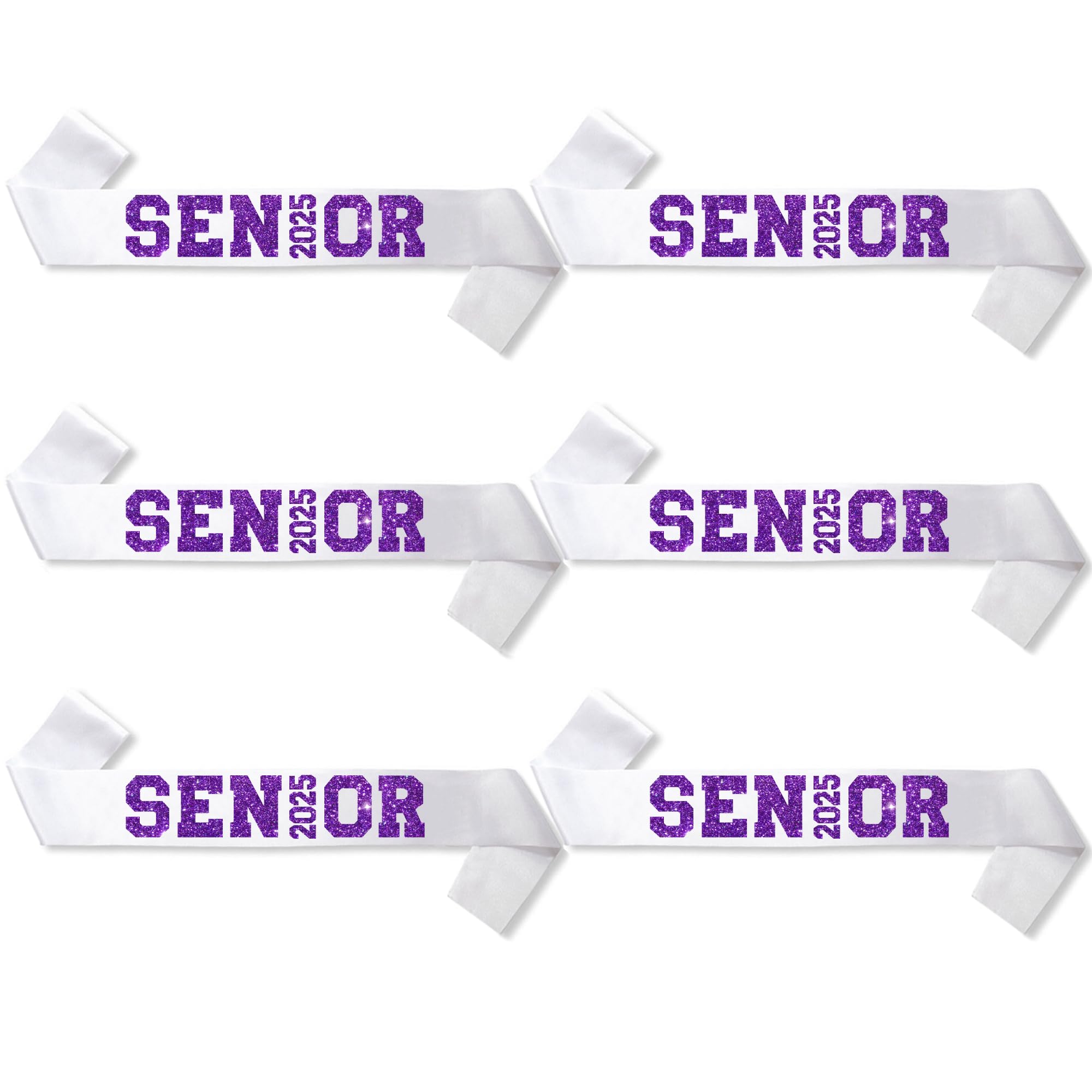 6Pcs White Senior 2025 Satin Sashes with Purple Glitter Letters- 2025 Graduation Celebrations Sashes - Senior Cheer Sash - Cheerleader Sash - Class Competition Sashes