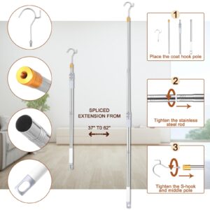 Clothes Hook Pole,Closet Hook Extends from 37 inches to 62 inches,Closet Hook Rod Made of Stainless Steel Adjustable,S Hook Closet for Reaching Extending Rod Lightweight Hang High Area Top