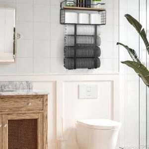 Towel Racks for Bathroom Wall Mounted - Bath Wall Towel Holder Set Above Toilet Storage, Rolled Towel Shelf Organizer for Small Bathroom, Wood Vertical Towel Rack for Bathroom Wall Decor