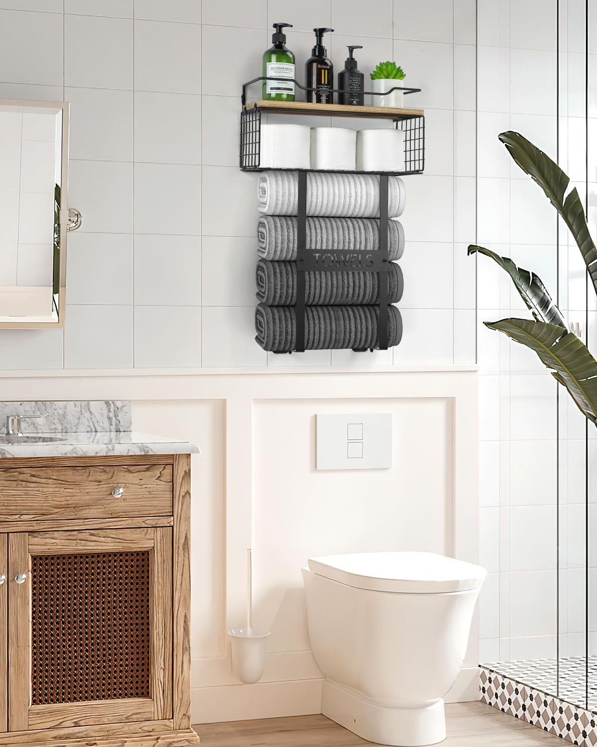 Towel Racks for Bathroom Wall Mounted - Bath Wall Towel Holder Set Above Toilet Storage, Rolled Towel Shelf Organizer for Small Bathroom, Wood Vertical Towel Rack for Bathroom Wall Decor