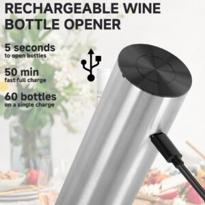 Moocoo Electric Wine Opener Gift Set, Automatic Electric Wine Bottle Corkscrew Opener Rechargeable with Foil Cutter, Automatic Aerator, 2 Vacuum Stoppers for Home Bar Outdoor Parties, Stainless Steel