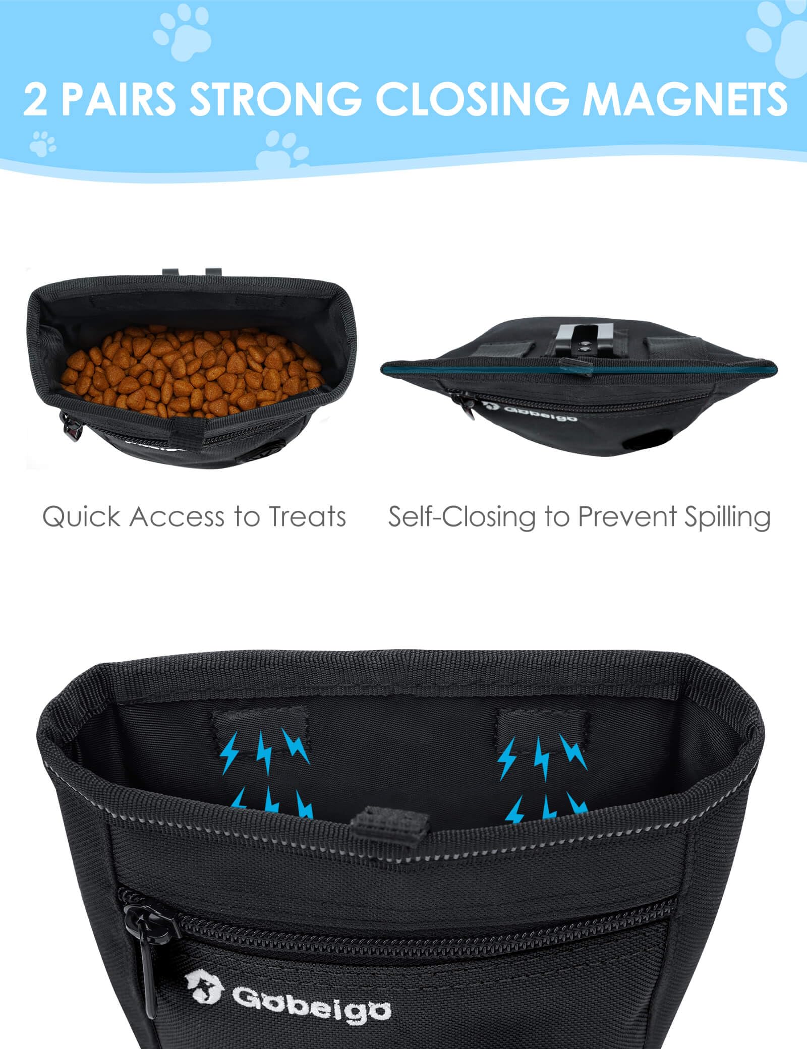 Gobeigo Dog Treat Pouch and Training Clicker, Upgrade Two Magnetic Closure to Prevent Spills, 2 Cup Treat Bag with Poop Bag Dispenser, Metal Clip Waist Belt Fanny Pack for Pet Walk (Black)