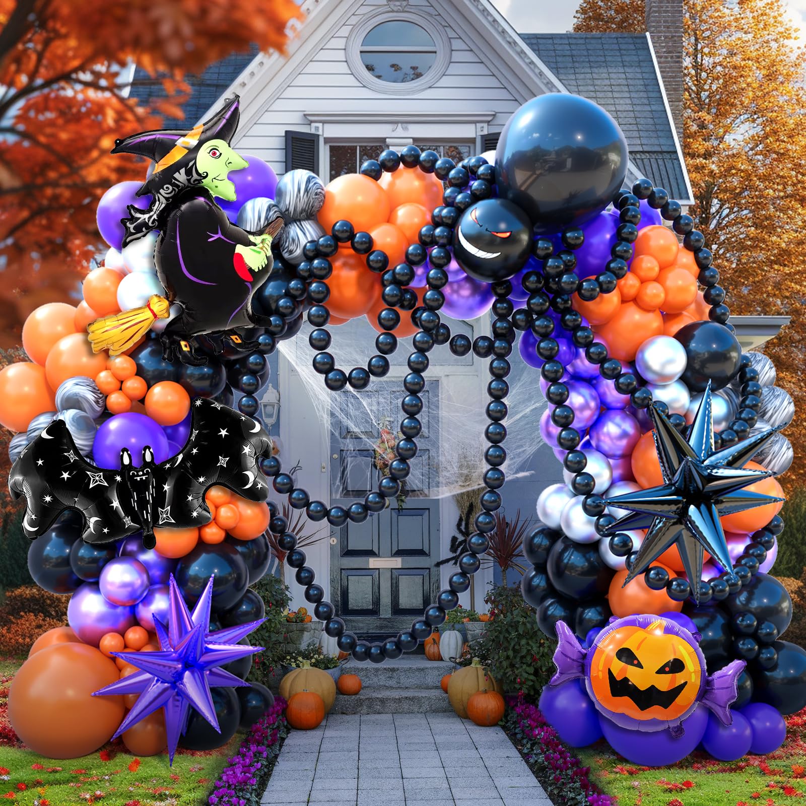 178 PCS Halloween Balloons Arch kit With Black Purple Orange Balloons Witch Balloons Pumpkin Candy Balloons Bat Balloons Outdoor Indoor Halloween Party Decoration balloon Garland