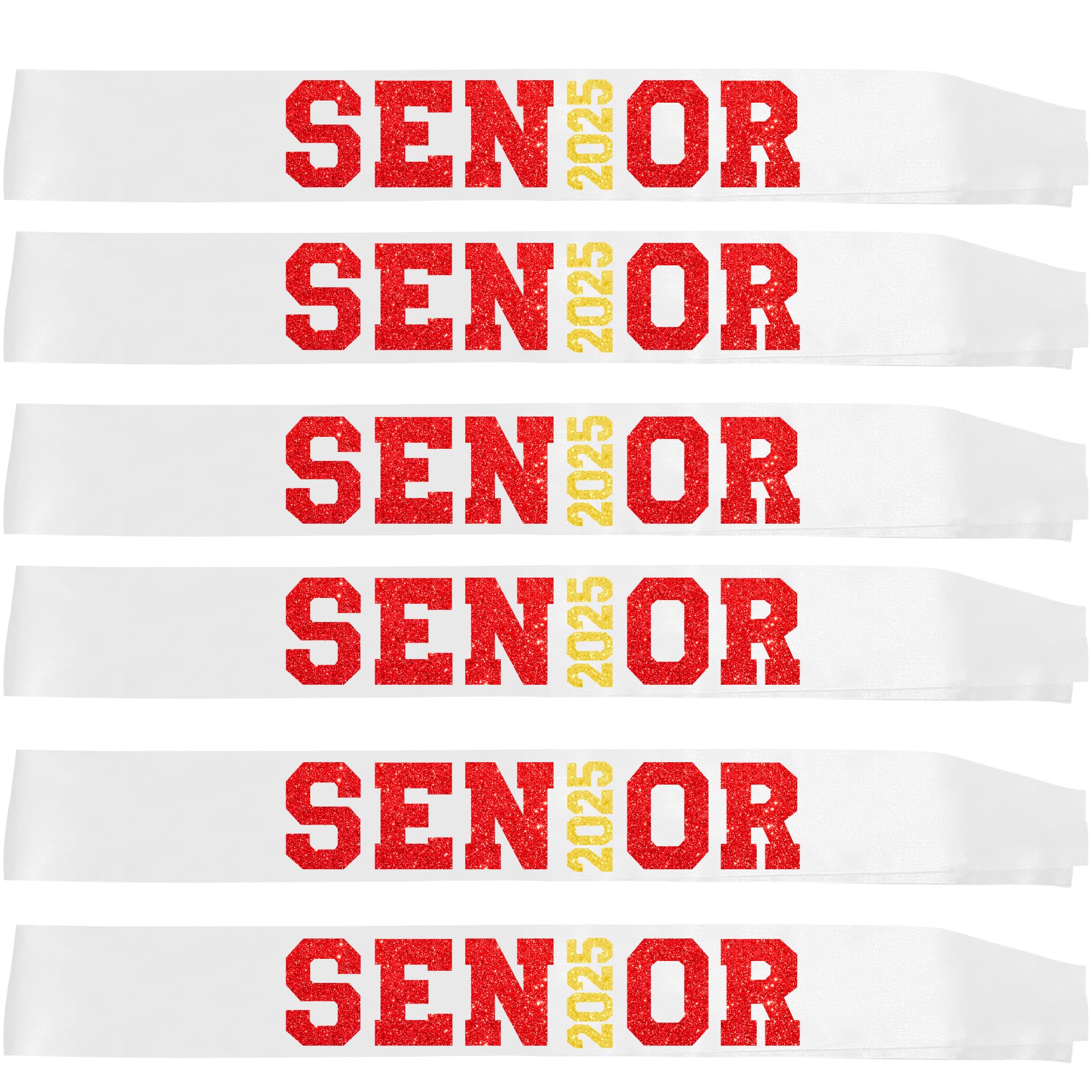 6Pcs White Senior 2025 Satin Sashes with Red Gold Glitter Letters- 2025 Graduation Celebrations Sashes - Senior Cheer Sash - Cheerleader Sash - Class Competition Sashes