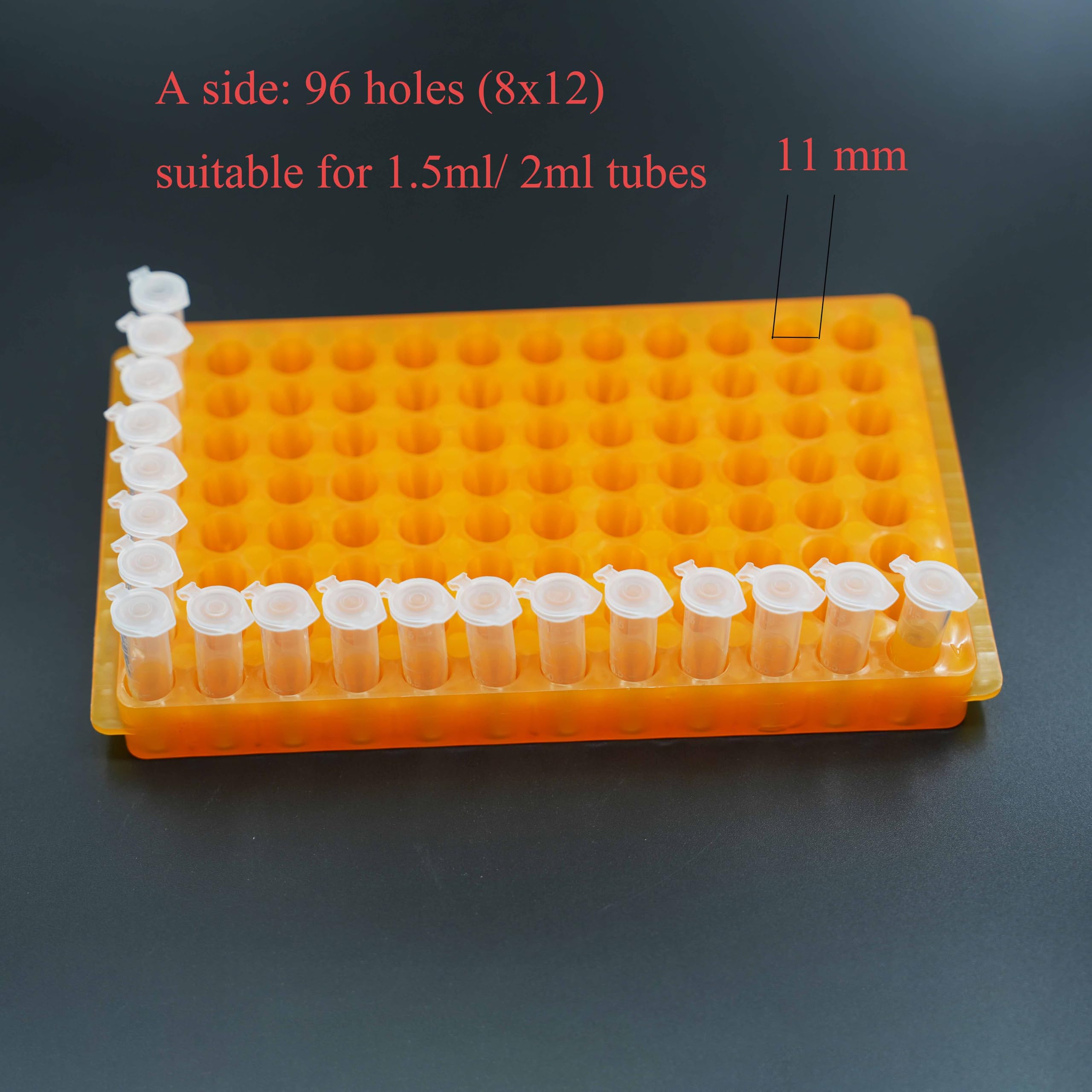 LSVERDE 1 Pcs Microcentrifuge Tube Rack for 0.5ml-2ml Centrifugal Pipe, Lab Test Tubes Rack Holder, Double-Sided 96 Holes Plate with Hole Diameter 7.5mm and 11mm (Orange)