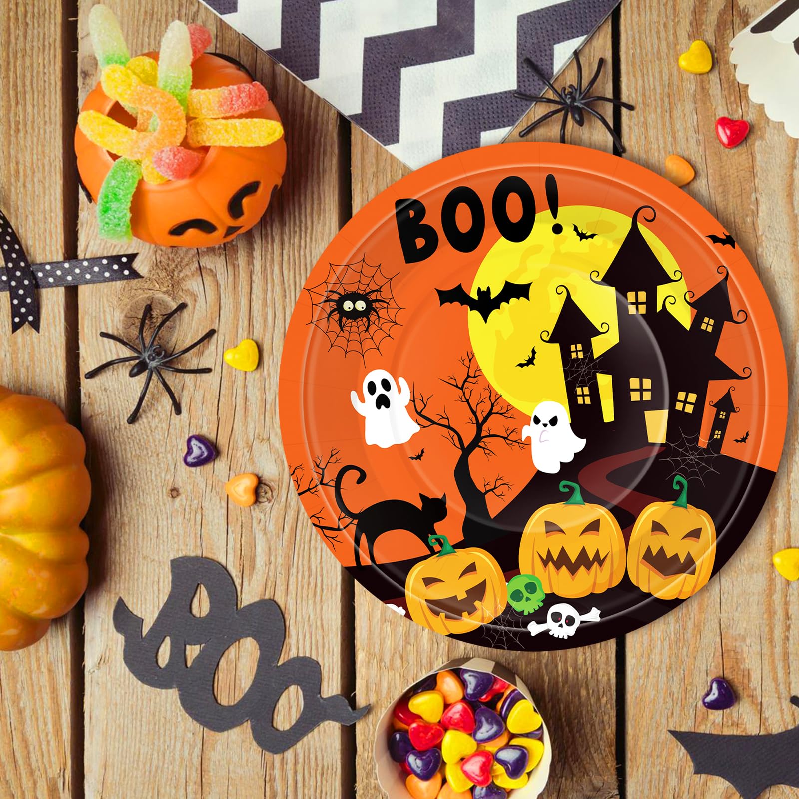 Jremreo 50 Pcs 9-Inch Halloween Paper Plates - Spooky Haunted House Party Supplies Set, Disposable Tableware with Ghost, Pumpkin, and Bat Designs for Candy, Snack, Dessert, Trick or Treat Decorations