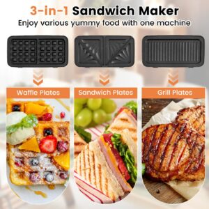 COSTWAY 3-in-1 Sandwich Maker, 1200W Electric Waffle Maker with 3 Removable Non-Stick Plates, Grilled Cheese Maker with 5-Gear Temperature Control, Panini Press Grill for Breakfast