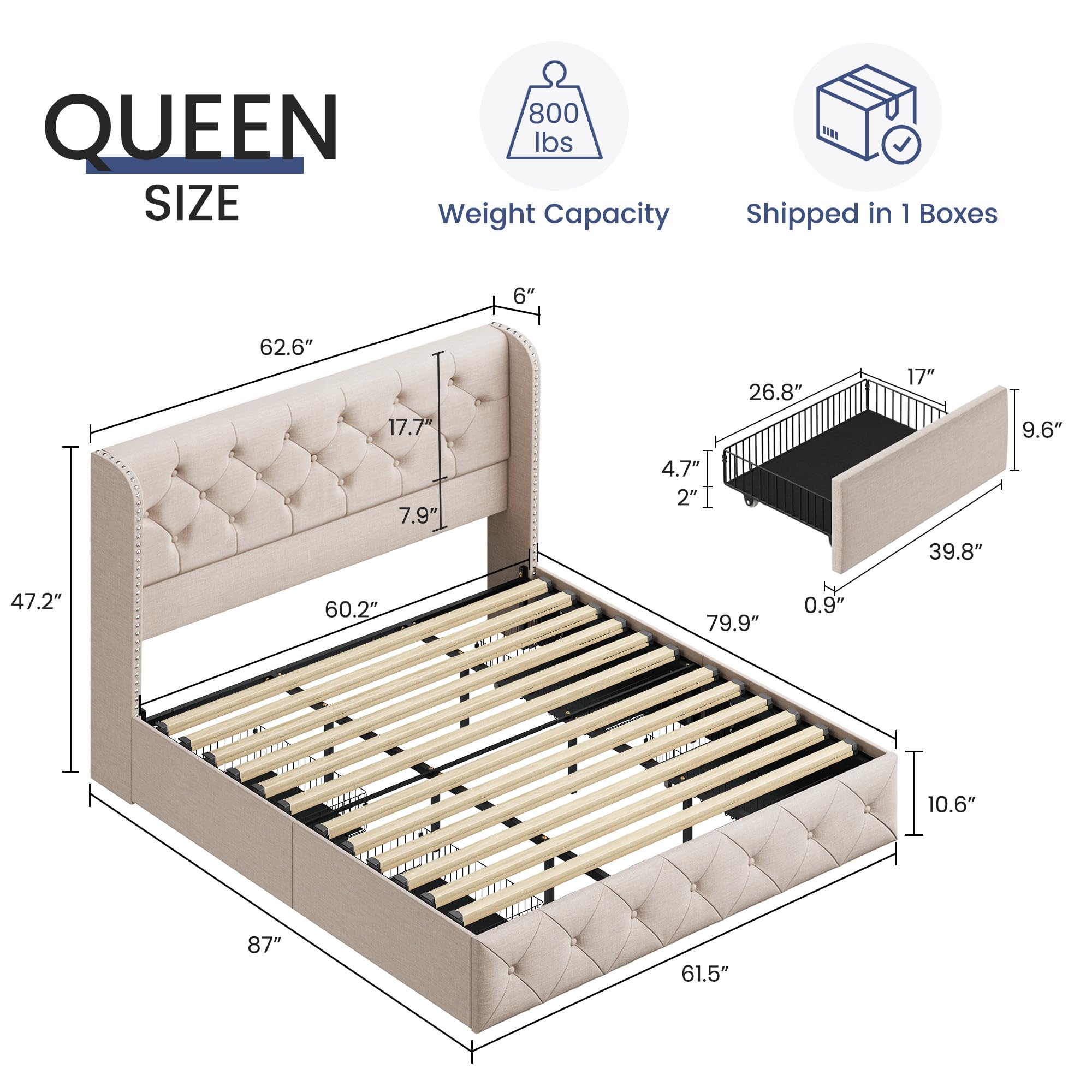 BRELTAM Queen Size Bed Frame with Storage Drawers and Wingback Headboard, Linen Upholstered Platform Bed Frame Tufted Beds with Wood Slats, No Box Spring Needed, Beige