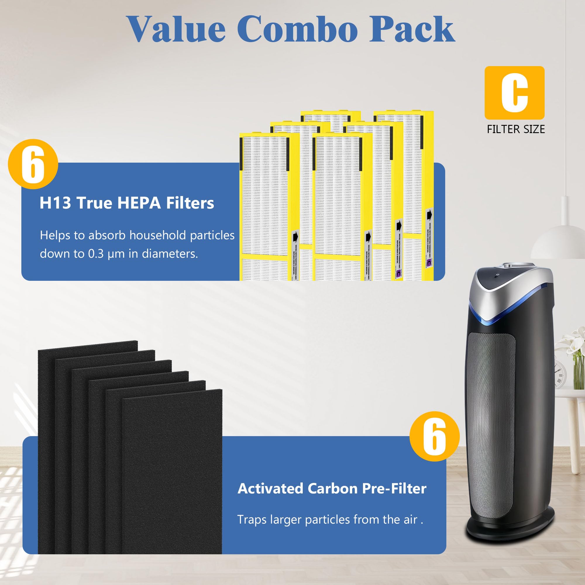 6 Packs FLT5000 Plastic Frame True HEPA Filter C Replacement Compatible with AC5000 AC5000E AC5250PT AC5350B AC5350BCA AC5350W AC5300B with 6 Packs Activated Carbon Pre-Filters