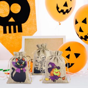 24 Pack Halloween Linen Burlap Bags with Drawstring, 4x6 inches, 8 Spooky Designs for DIY Halloween Party Favors, Small Gift Pouches, Treat Bags, Goodie Bags Bulk for Candies, Treats, and Goodies