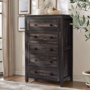 hallybee farmhouse 5 drawer dresser, 48" tall dresser for bedroom, wood chest of drawers with round metal handle, storage dresser organizer for bedroom, living room, hallway, dark rustic oak