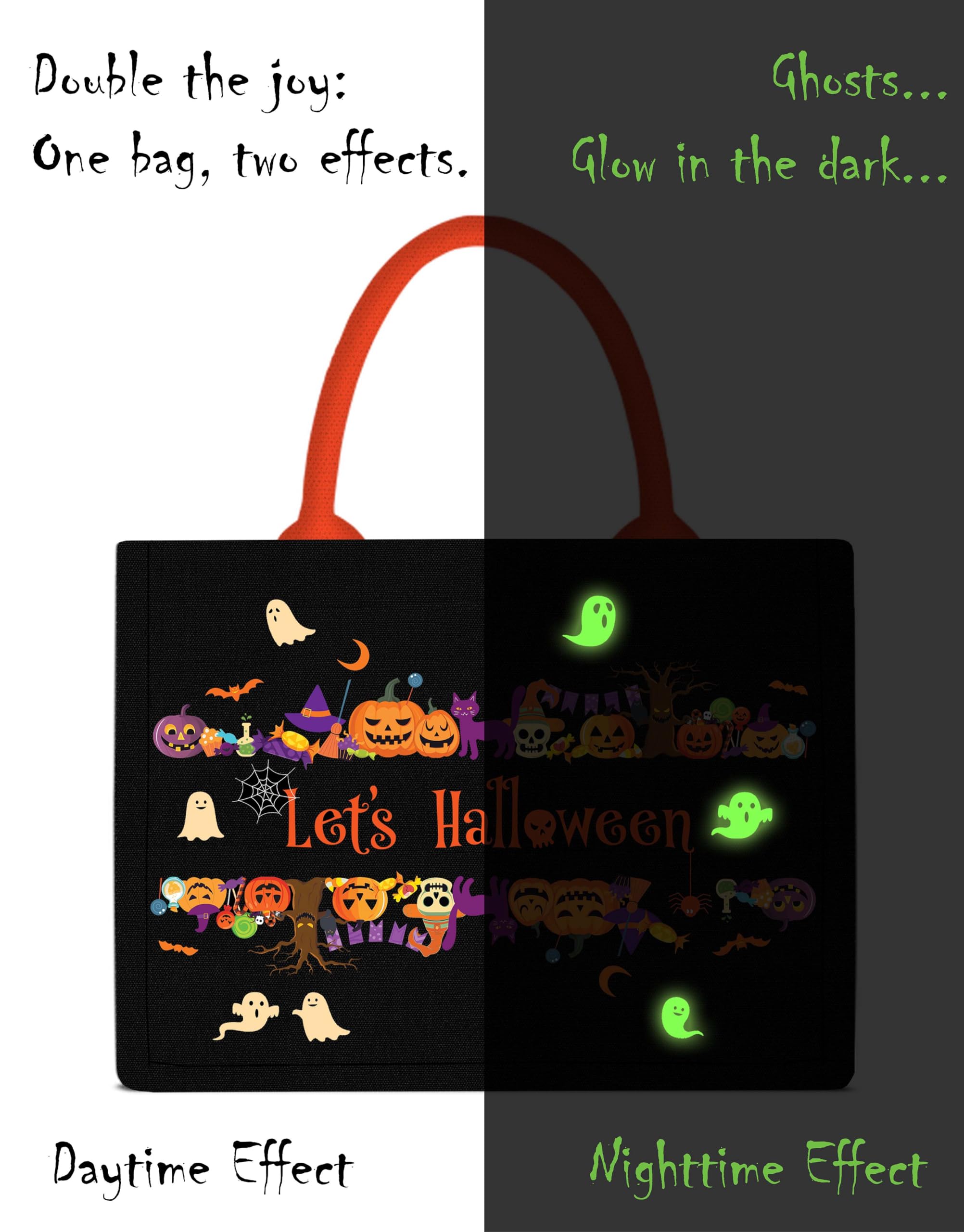 Let's Tote Halloween Canvas Candy Tote Bag With Handle, Ghosts Glow In The Dark, Great Pumpkin Halloween Party Gift. Reusable Bag for Trick or Treat, Candy Bucket. (Large)