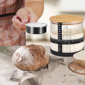 Large Sourdough Starter Jar 66 oz,Sourdough Starter Kit Wide Mouth with Ounce&ML Scale Line,Date Marked Feeding Band, Thermometer, Sourdough Jar Scraper, Cloth Cover & Bamboo Wood Lid (BLACK-66OZ/2L)