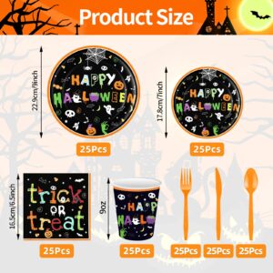 Jremreo 175 Pcs Halloween Tableware Party Supplies Set - Serves 25, Spooky Happy Halloween Disposable Dinnerware, Includes Plates, Cups, Napkins, Forks, Spoons, Knives for Trick or Treat Favors