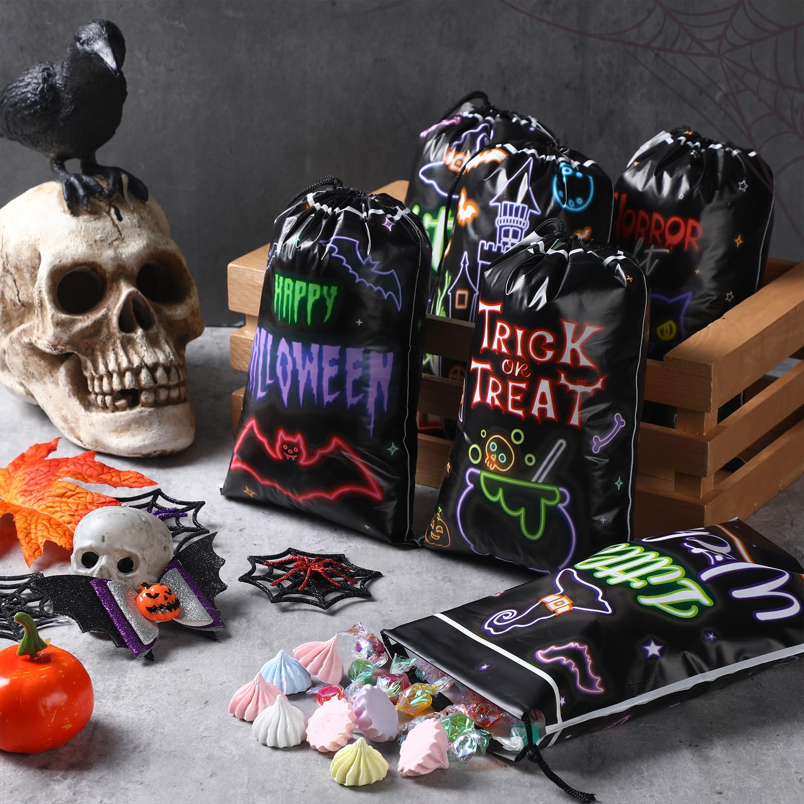 Blosssound 72 Pcs Halloween Drawstring Treat Bags Black Neon Candy Bags Trick or Treat Goody Bags Halloween Shining Plastic Goodie Gift Bags for Halloween Party Favors