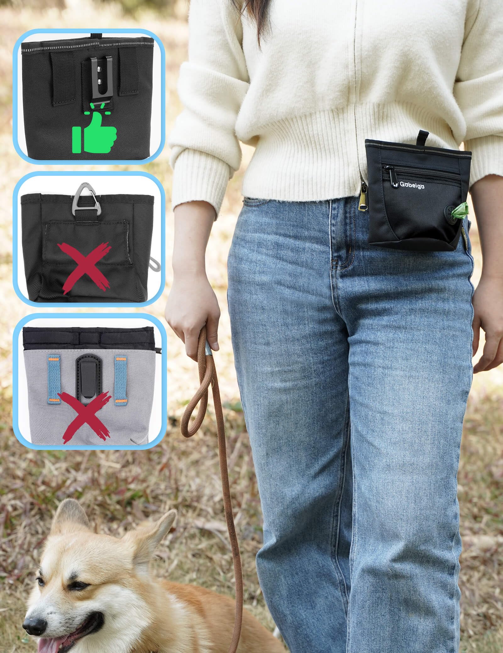 Gobeigo Dog Treat Pouch and Training Clicker, Upgrade Two Magnetic Closure to Prevent Spills, 2 Cup Treat Bag with Poop Bag Dispenser, Metal Clip Waist Belt Fanny Pack for Pet Walk (Black)