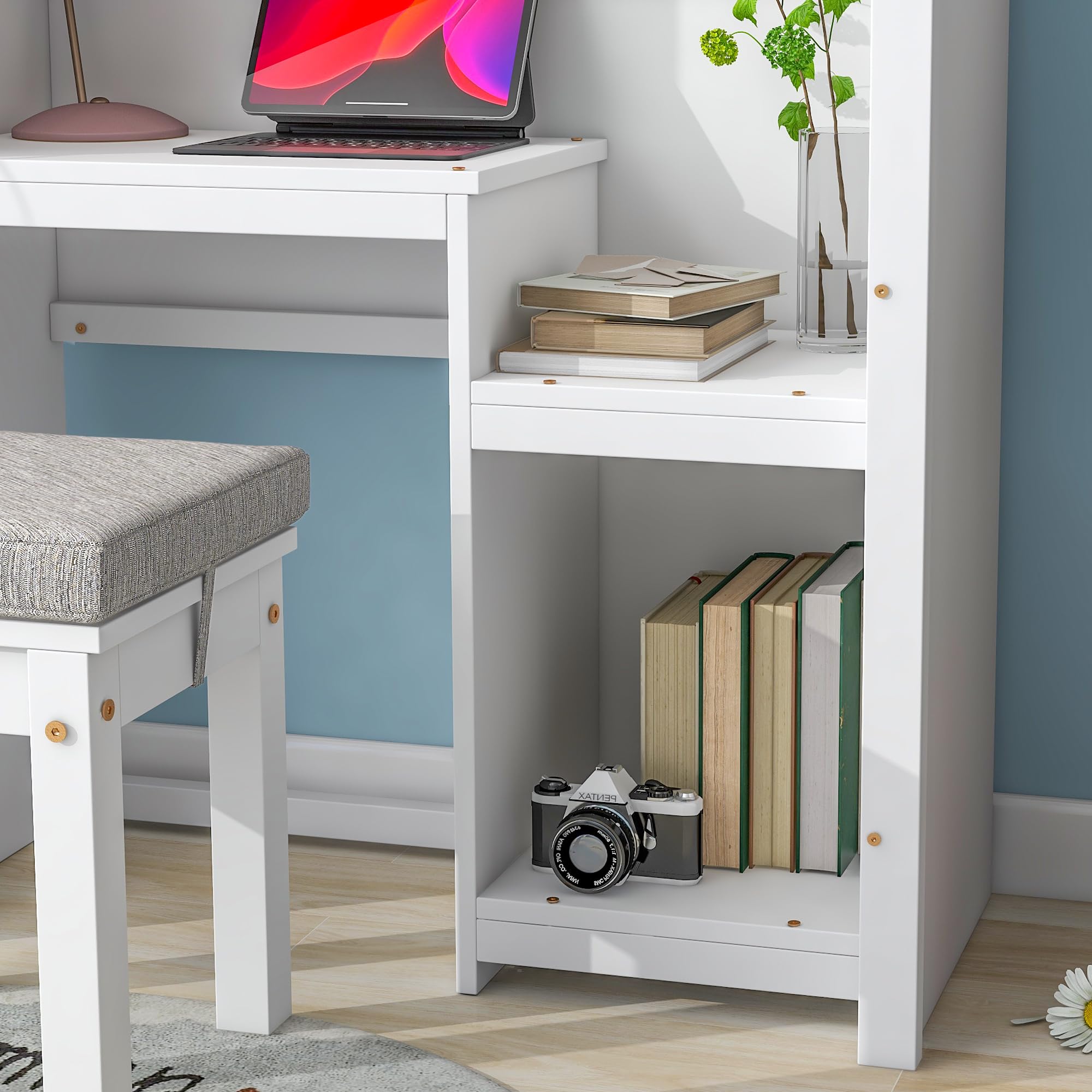 FocusOnHome House-Shaped Kids Desk with A Cushion Stool, House-Style Desk and Stool Set, White