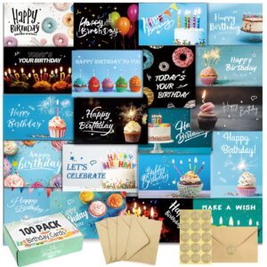 100 happy birthday cards with envelopes, 20 unique designs, birthday cards bulk with short generic message inside, 4x6 inches, assorted birthday cards assortment for business, office and personal