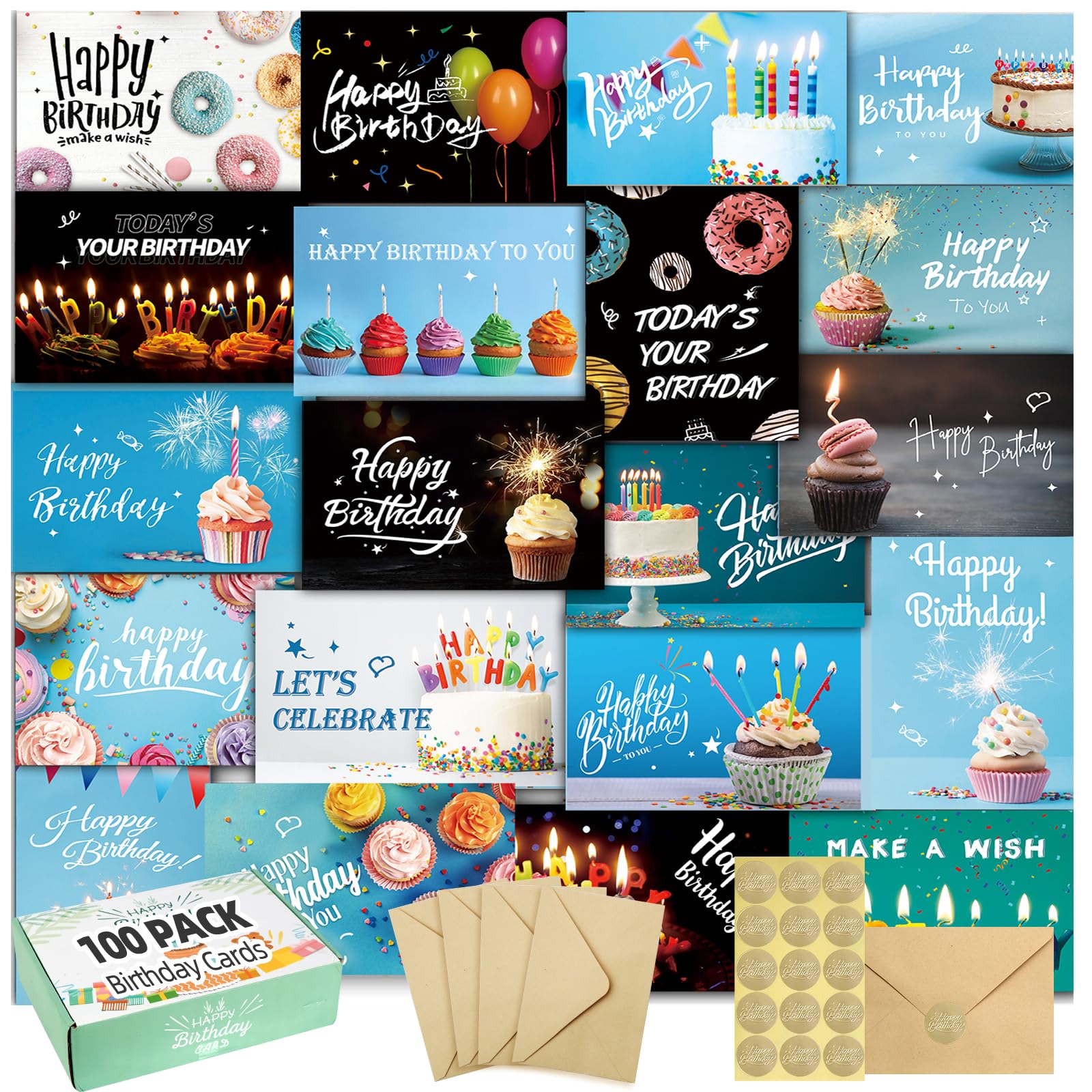 100 Happy Birthday Cards with Envelopes, 20 Unique Designs, Birthday Cards Bulk with Short Generic Message Inside, 4x6 inches, Assorted Birthday Cards Assortment for Business, Office and Personal