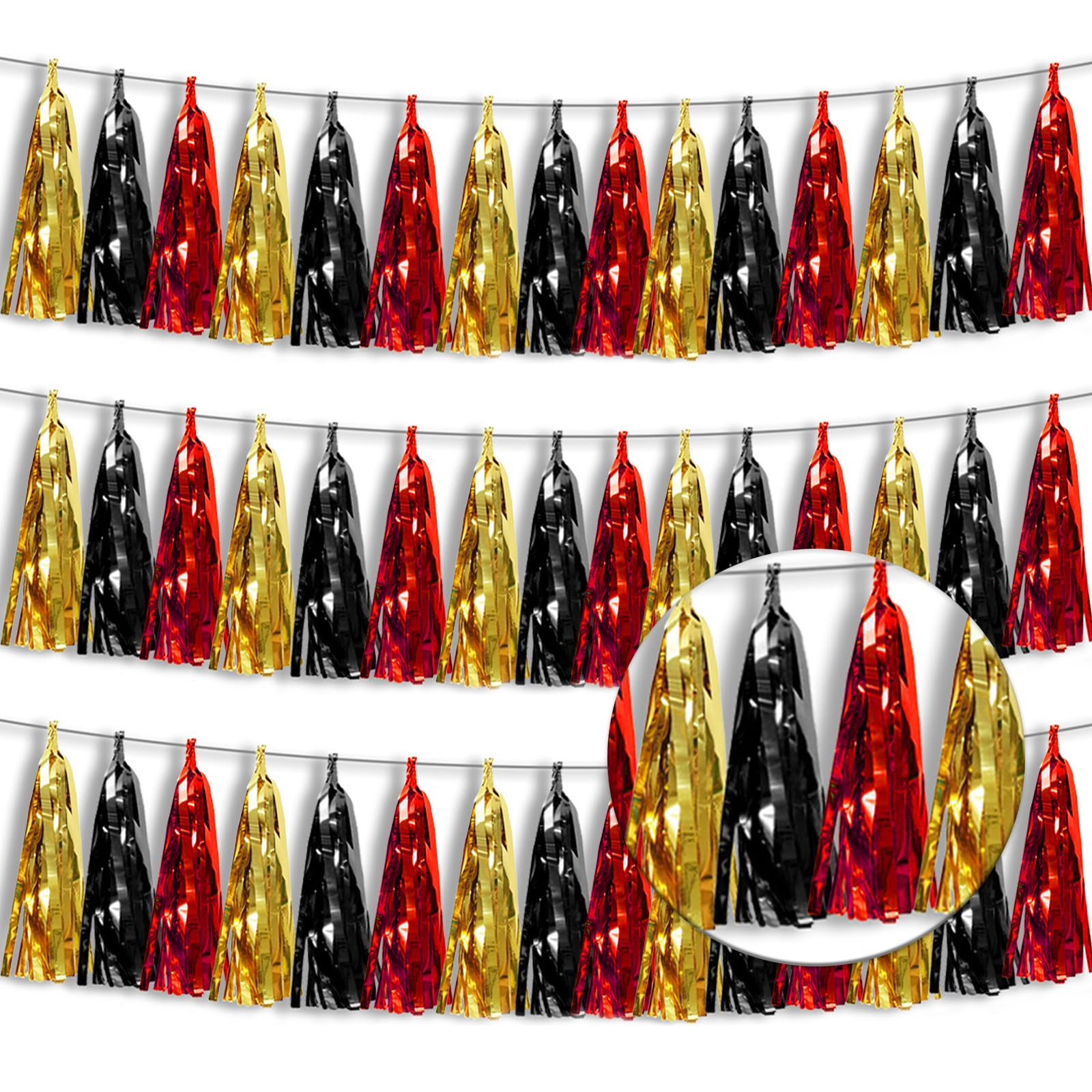 3P Metallic Fringe Banner Garland Foil Tinsel Streamer Wall Hanging Curtain Backdrop Banners for Parade Floats Graduation Decorations, Baby Bridal Shower Party Decoration(Red-Black Gold)