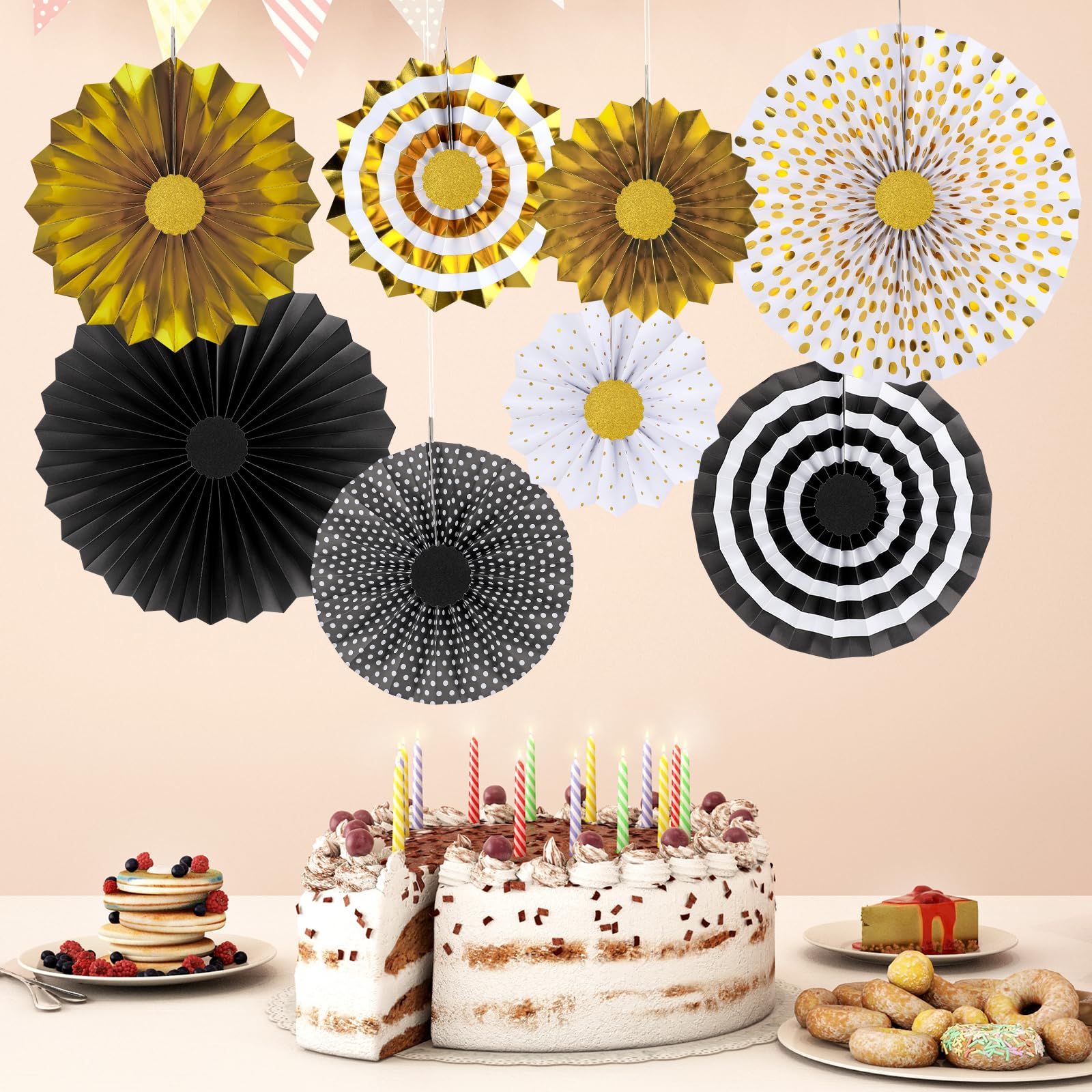 8 PCS Black Gold Party Hanging Paper Fans Decorations,Round Flower Paper Pompoms Fan for Photo Backdrop Halloween Graduation Birthday Wedding Party Decorations