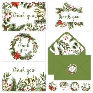 whaline 32 packs christmas thank you greeting cards watercolor holly berry blank note cards with envelopes and stickers for xmas winter wedding, 4 x 6 inch