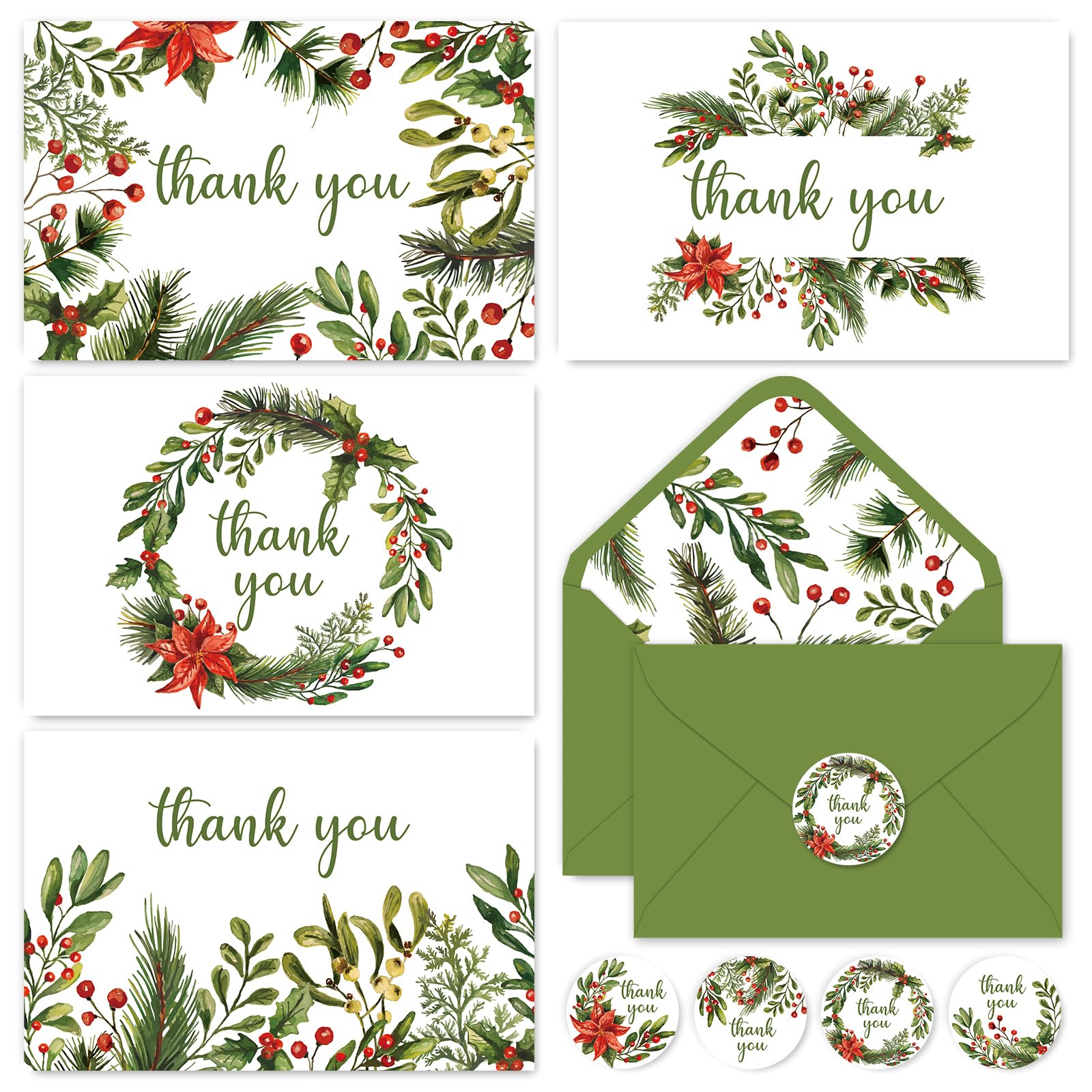 Whaline 32 Packs Christmas Thank You Greeting Cards Watercolor Holly Berry Blank Note Cards with Envelopes and Stickers for Xmas Winter Wedding, 4 x 6 Inch